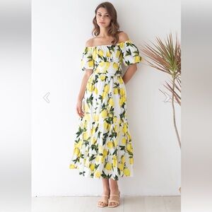 Off-Shoulder Lemon Print Midi Dress - White & Yellow SET
